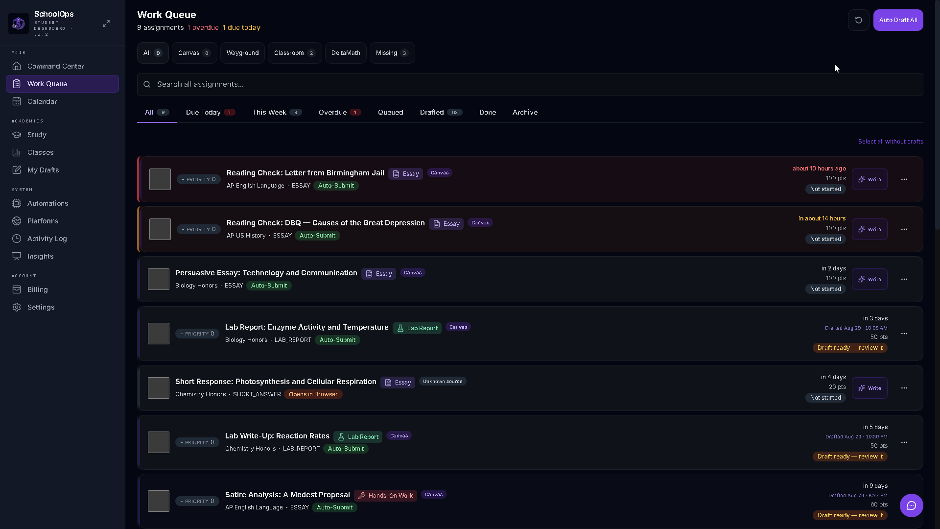 SchoolOps Work Queue with assignments filtered by due date, platform and draft state.