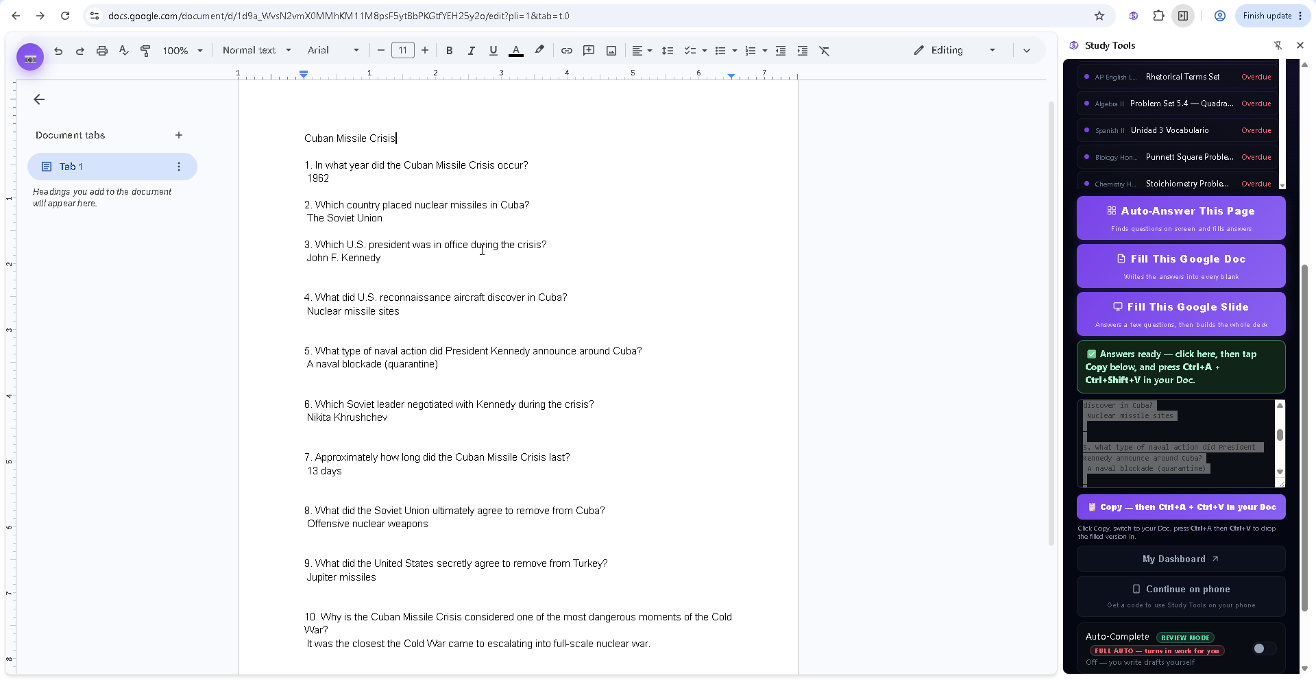 The same worksheet with each answer line filled in, questions and options left untouched.